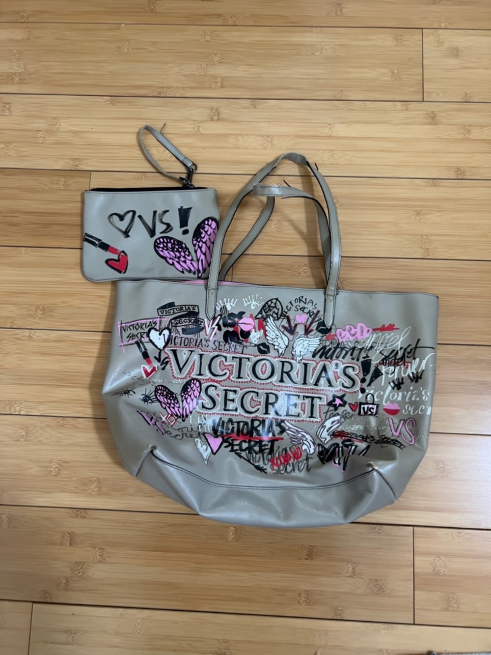 Victoria's Secret Gray Tote with Pink & Black Graphic Design and Wristlet